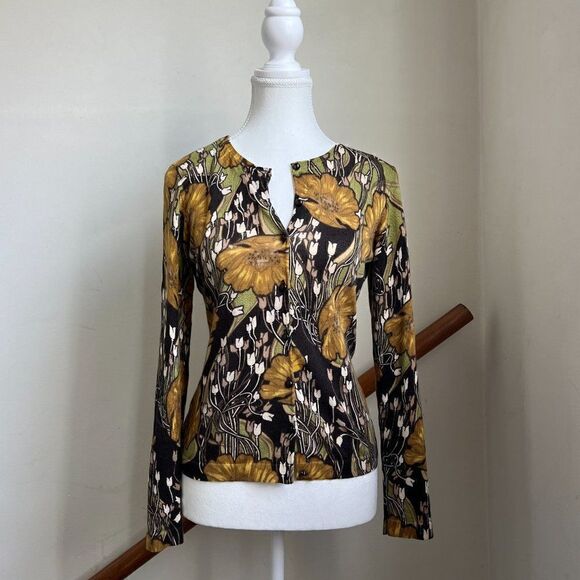Y2K Retro Floral Print 60s 70s Inspired MCM Pima Cotton Cardigan Sweater Top S - Picture 1 of 8